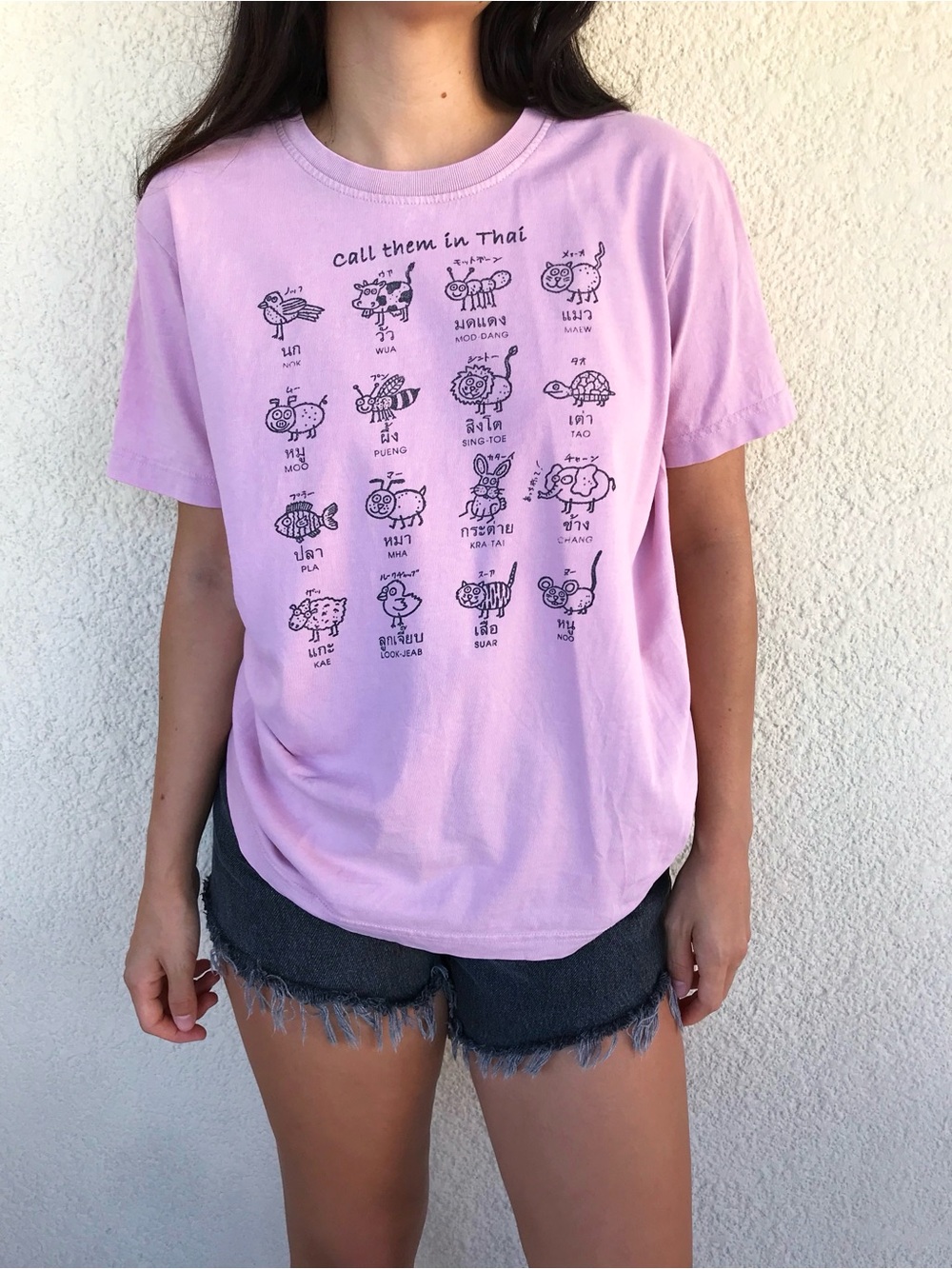 90s Vintage Pink Graphic Tee with Animal Illustrations /Thai Words / Crew Neck - Picture 5 of 6